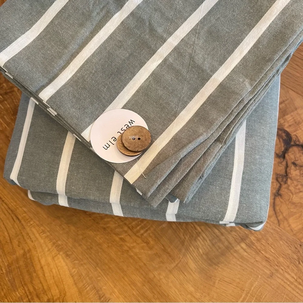 NEW West Elm Boho Green Stripe Queen / King Cotton Linen Bedding Duvet Sham Set